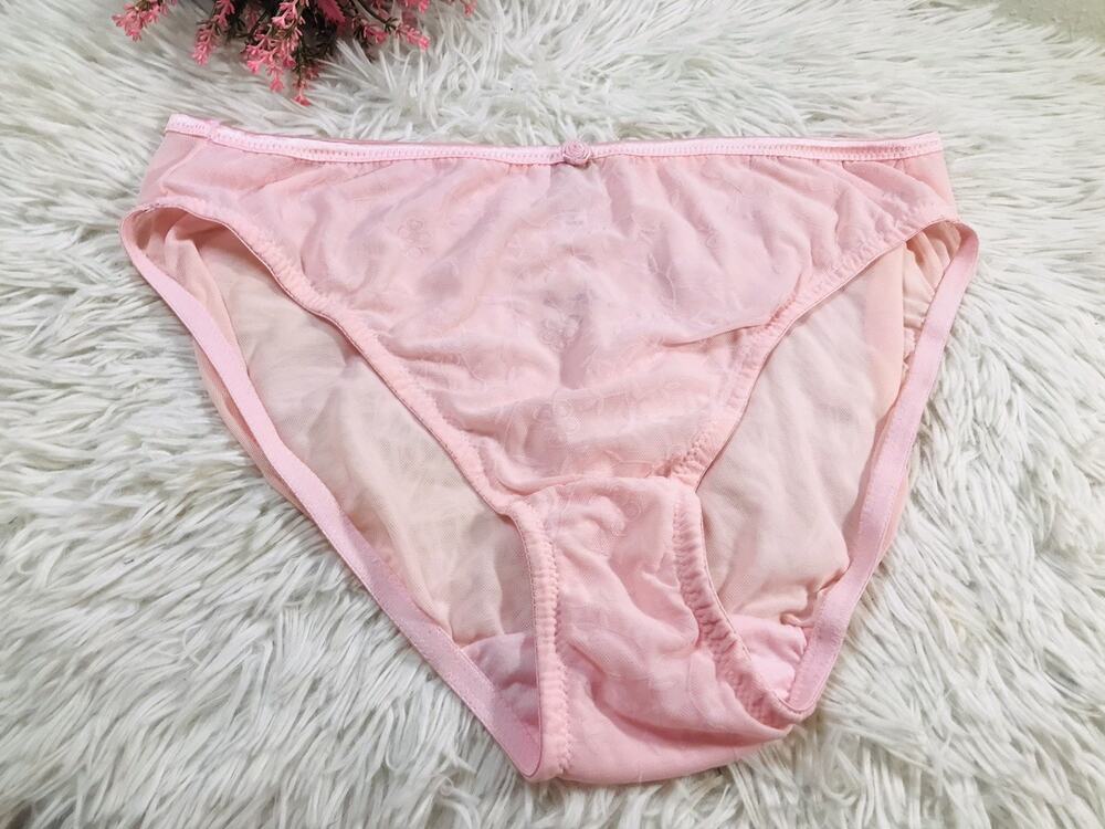 Vtg QT Sheer Second Skin Mesh Panties Pink Nylon HiCut Bikini Sz 9 Floral Rare